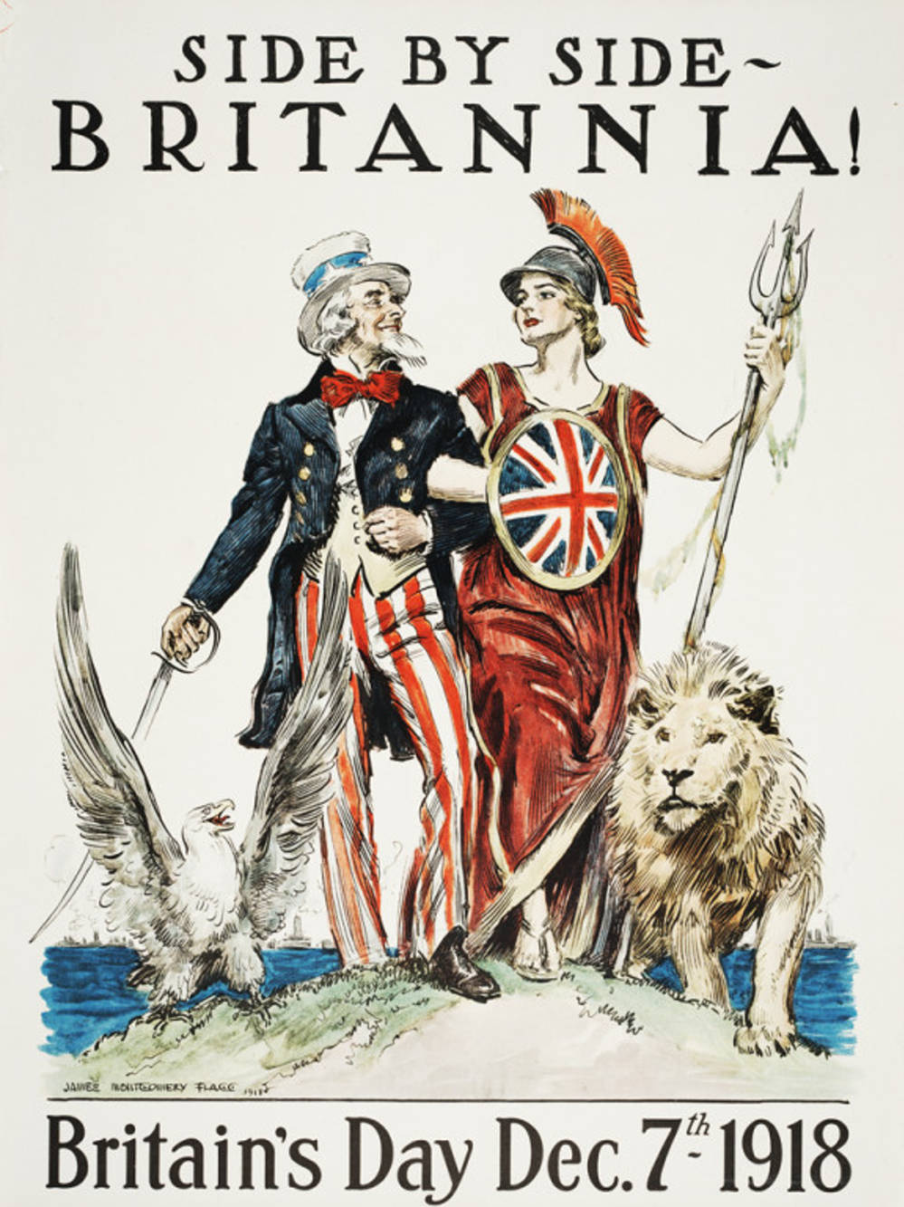 Picture of Britannia side by side with Uncle Sam, a political cartoon.